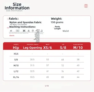 Größentabelle für High-Waist-Yogashorts mit Details zu Taille, Hüfte und Gesamtlänge