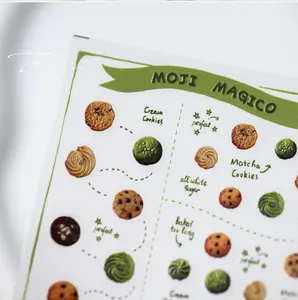 Detailed view of cookie-themed nail art stickers featuring chocolate and matcha patterns
