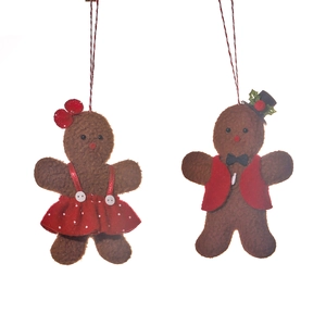 Christmas gingerbread man and woman felt ornaments set with hanging strings and hats