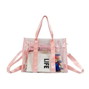 Transparent PVC shoulder bag with pink strap for beach and storage use