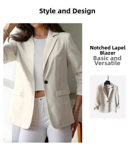 Detail of single-button lapel blazer in beige featuring clean fabric texture and classic cut