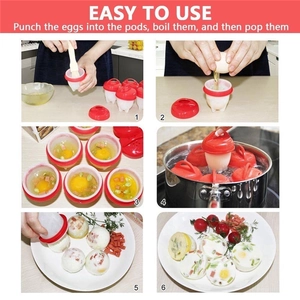 Step-by-step guide for using silicone egg cooker pods with red lids and white cups