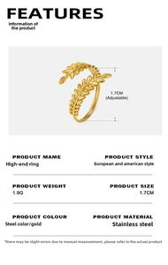 Détails d'une bague feuille ajustable avec dimensions et spécifications de 1,9g