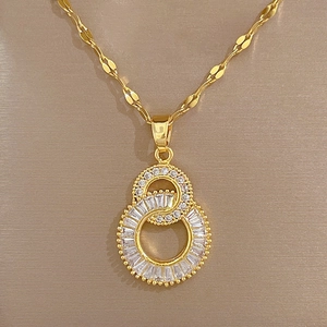 Elegant gold titanium steel figure-8 necklace with square and round zircon pendants