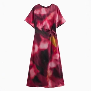 Elegant satin midi dress with magenta abstract marble print and pleated waist detail