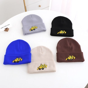 Kids Knitted Beanie Hat Warm Acrylic Cuffed Winter Outdoor Cap With Cartoon Excavator Embroidery For Boys