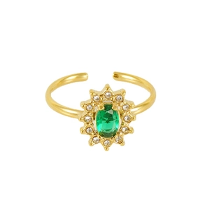 18K gold-plated adjustable sunburst ring featuring an oval green zircon centerpiece