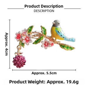 Detailed view of enamel bird and berry brooch showing dimensions 5.5cm x 4cm and weight