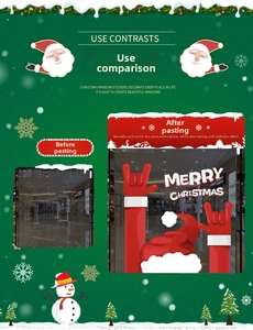 Detail view showing Merry Christmas static window decals on glass with Santa hat design