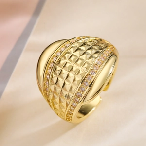 Adjustable Open Ring 18K Gold Plated Copper Wide Band Lattice Pattern Zircon Inlaid Geometric Retro Fashion Jewelry For Women