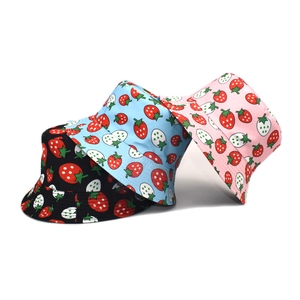 Fashionable strawberry pattern bucket hats in black, sky blue and pink colors