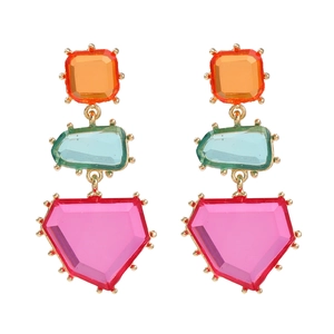 Three-tier geometric drop earrings with orange, green and pink gems in gold setting