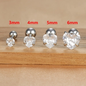 Sparkling heart-shaped zircon stud earrings in four sizes: 3mm, 4mm, 5mm, and 6mm