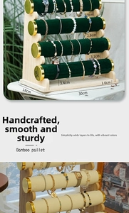 Detail view of 4-tier bamboo jewelry stand with dimensions 33x30x18cm for bracelets