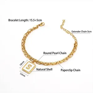 Pulsera de dos capas de acero inoxidable dorado con cadena de clip y colgante inicial S