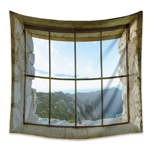 Detail of 3D window view tapestry showing lush forest mountains and a clear blue sky