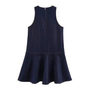 Sleeveless dark blue denim dress for women featuring orange stitching and back zipper