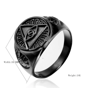Mens vintage stainless steel all-seeing eye ring with black finish and sun totem