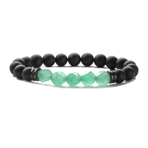 Tiger eye and crystal elastic beaded bracelet with matte black beads and green cut stones