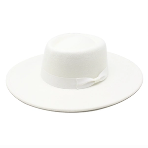 Top view of white wool fedora hat featuring a wide brim and matching ribbon bow detail
