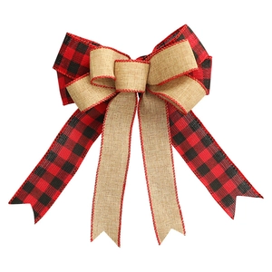 Red and black buffalo plaid and burlap Christmas bow decoration for trees and wreaths