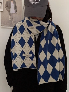 Écharpe en tricot à carreaux bleus et blancs pour femme, châle d'hiver chaud et surdimensionné