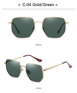 Detail view of gold metal frames and green polarized lenses for oversized sunglasses