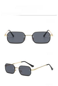 Three perspectives of small metal frame retro sunglasses in gold and black finish