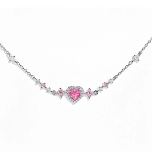 Detail of silver chain with pink heart zircon and floral diamond-encrusted elements