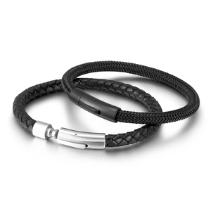Minimalist handmade braided leather and nylon cord couple bracelets with metal clasps