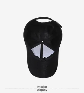 Interior view of black baseball cap showing reinforced seams and breathable fabric