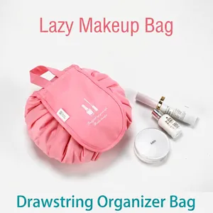 Lazy Drawstring Makeup Bag Waterproof Polyester Large Capacity Portable Travel Storage Cosmetic Toiletry Pouch Embroidery