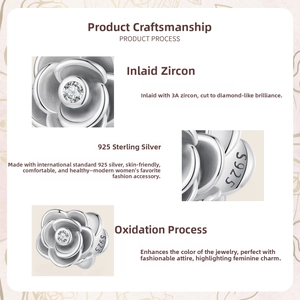 Macro detail of S925 sterling silver camellia bead with 3A zircon and vintage finish