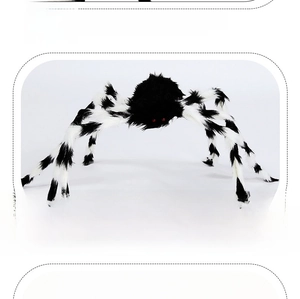 Macro shot of Halloween giant plush spider with red eyes and black-white textured fur