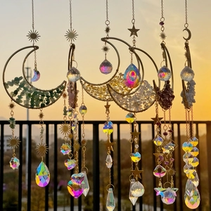 Crystal moon suncatcher with natural crushed stones and prisms for garden home decor