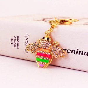 Cute crystal bee keychain with colorful enamel and golden metal chain for women