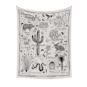 Minimalist desert species line art wall tapestry featuring cacti and wildlife
