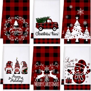 Set of 6 Christmas microfiber kitchen towels with red and black plaid festive patterns