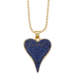 Collier cœur doré avec pavé de zircons bleu foncé et chaîne à perles dorées
