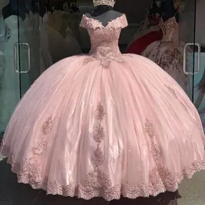 Elegant pink off-the-shoulder Quinceanera ball gown with intricate floral lace embroidery