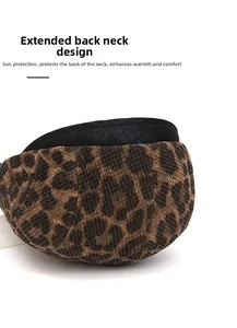 Detail of leopard print ivy cap featuring lengthened back neck for sun and wind protection