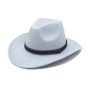 Detail of light blue wool felt cowboy hat featuring a brown faux leather band and buckle