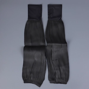 Detail of black sun protection arm sleeves with finger holes and pleated silk texture