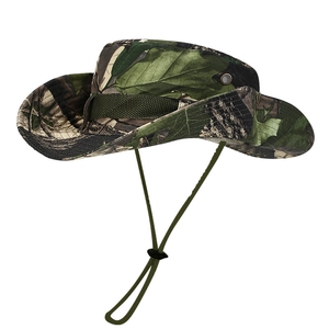 Outdoor camouflage boonie hat with leaf pattern and adjustable chin strap for fishing