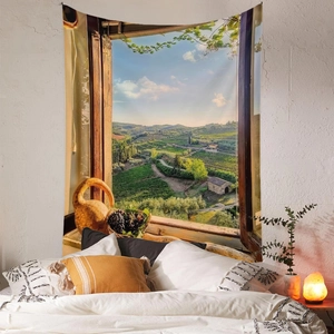 Detail of bohemian tapestry featuring a realistic countryside window view on a textured wall