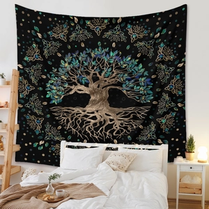 Détail d'une grande tapisserie bohème Arbre de Vie pour décoration murale de chambre