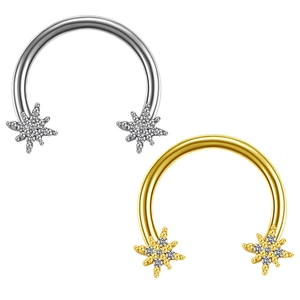 Detail of gold and silver horseshoe rings featuring sparkling octagram star charms