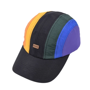 Rainbow striped five-panel camping baseball cap with black brim and leather logo patch