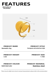 Detailed view of polished 18K gold-plated stainless steel geometric ring with size specs