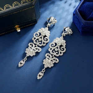 Vintage Baroque Silver Tone Alloy Rhinestone Long Drop Earrings For Women Hollow Cutout Elegant Palace Style Bridal Jewelry